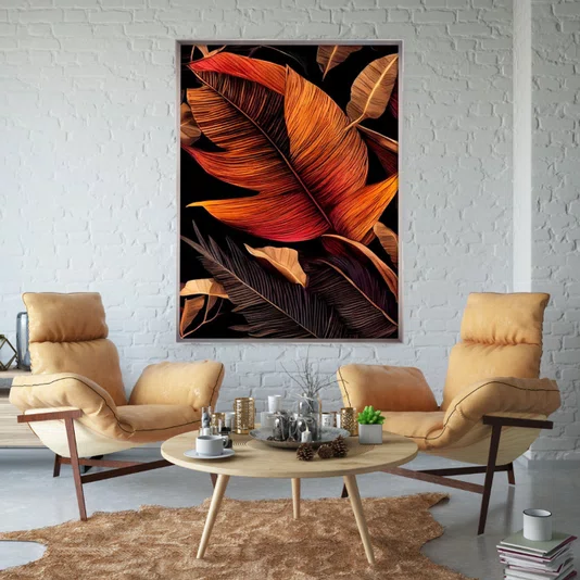 Quadro Moderno Folhas em Tons Quentes com Moldura Prata Chanfrada 95x145 cm