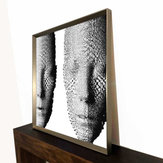 Quadro Moderno Rostos Abstratos em Preto e Branco com Moldura Prata