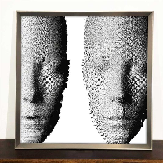 Quadro Moderno Rostos Abstratos em Preto e Branco com Moldura Prata