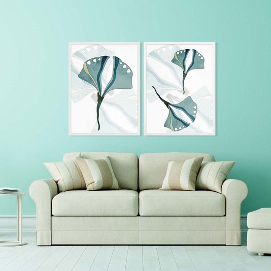 Quadro Mold Branca Ilustração Folhas em Tons de Verde 60x80cm