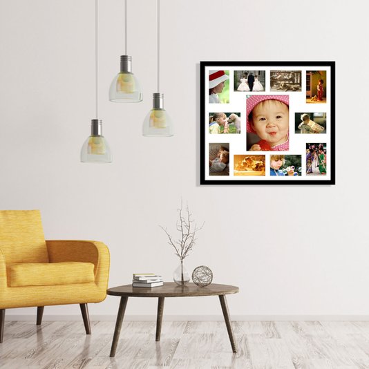 Quadro Painel de Fotos Branco e Preto para 11 Fotos 60x50cm