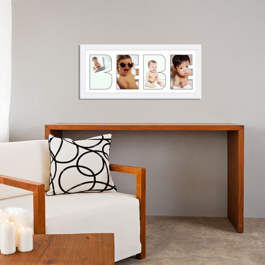 Quadro Painel de Fotos com Escrita BEBÊ Capacidade para 4 Fotos 50x20cm