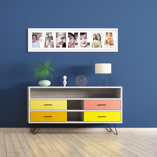 Quadro Painel de Fotos com Escrita FAMÍLIA para 7 Fotos Branco 80x20cm