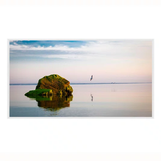 Quadro Paisagem com Rocha Verde e Reflexo no Lago ao Entardecer e Pássaros