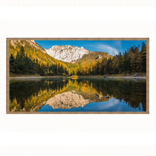 Quadro Paisagem de Lago Alpino com Reflexo, Montanhas e Floresta de Outono