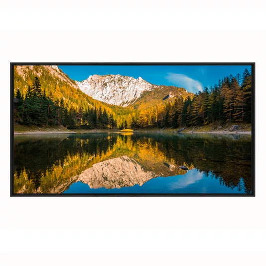 Quadro Paisagem de Lago Alpino com Reflexo, Montanhas e Floresta de Outono