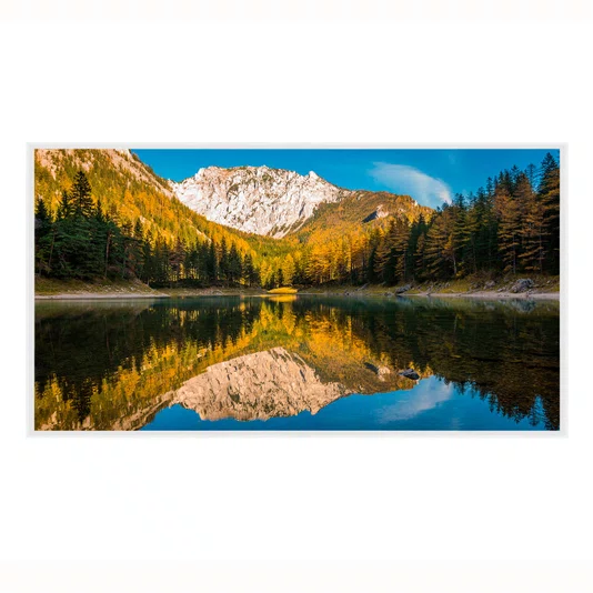 Quadro Paisagem de Lago Alpino com Reflexo, Montanhas e Floresta de Outono