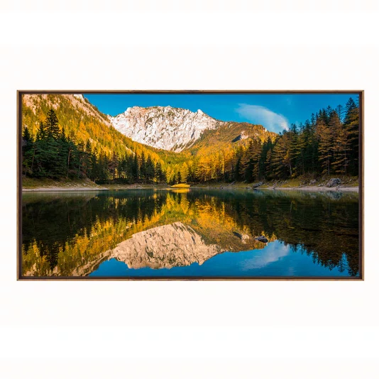 Quadro Paisagem de Lago Alpino com Reflexo, Montanhas e Floresta de Outono