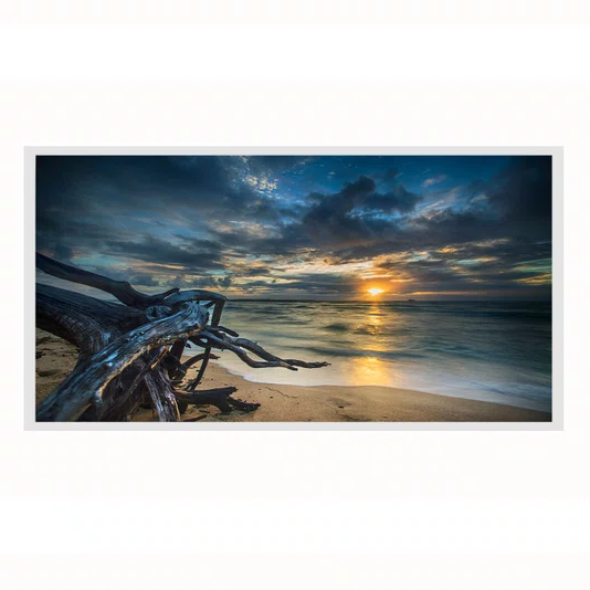 Quadro Paisagem de Praia ao Pôr do Sol com Tronco na Areia e Reflexo no Mar