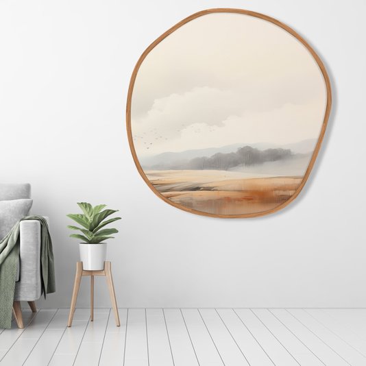 Quadro Paisagem do Campo em Tons Terrosos em Formato Orgânico com Moldura Freijó