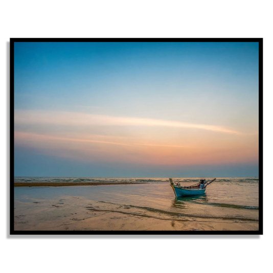 Quadro Paisagem Fotografia Praia com Barco ao Pôr do Sol - Escolha o Tamanho