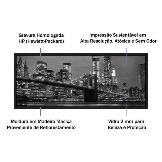 Quadro Panorâmico Ponte Brooklyn New York em Preto e Branco Transforme seus Ambientes