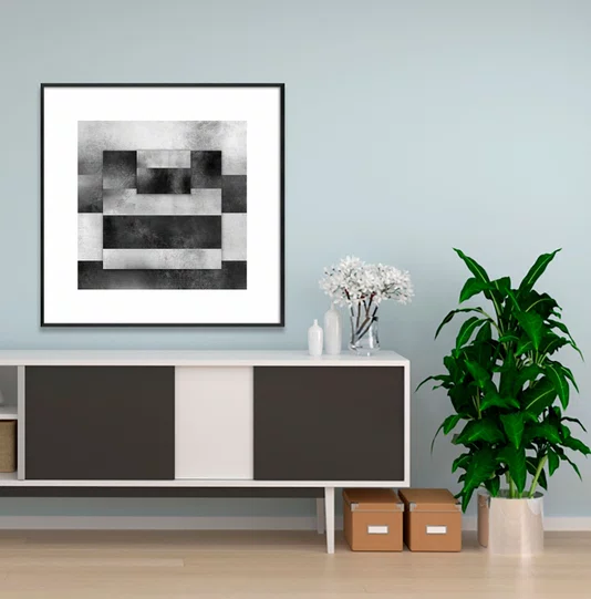Quadro Preto e Branco Geométrico Sobreposto Abstrato com Moldura e Vidro