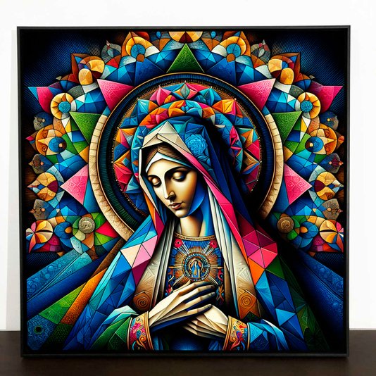 Quadro Religioso em Canvas com Moldura Preta Arte Moderna Virgem Maria