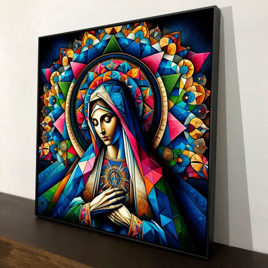 Quadro Religioso em Canvas com Moldura Preta Arte Moderna Virgem Maria