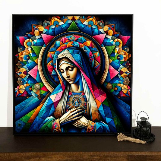 Quadro Religioso em Canvas com Moldura Preta Arte Moderna Virgem Maria