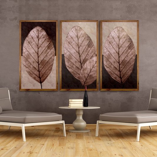 Quadro Rústico Decorativo Folhas Marrom em Tom Envelhecido 50x100cm
