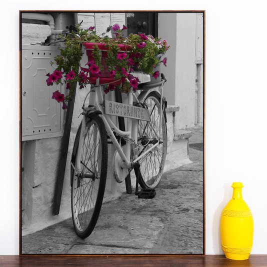 Quadro Tela Canvas Bicicleta em Preto e Branco Flores Coloridas 90x120 cm