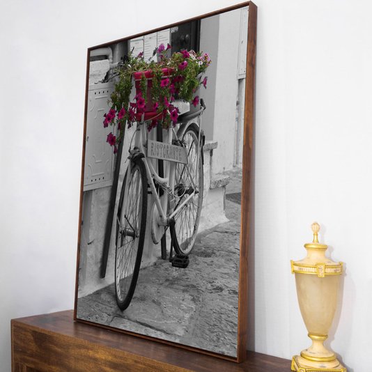 Quadro Tela Canvas Bicicleta em Preto e Branco Flores Coloridas 90x120 cm
