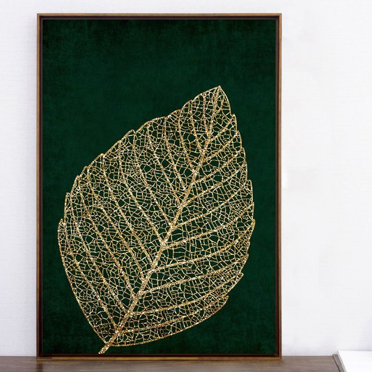 Quadro Tela Canvas com Moldura Folha em Fundo Verde 70x100 cm