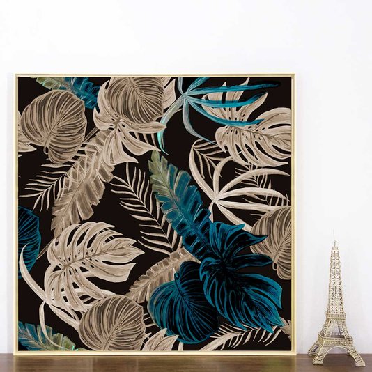 Quadro Tela Canvas Floral com Moldura Natural Detalhes Azuis - Escolha o Tamanho