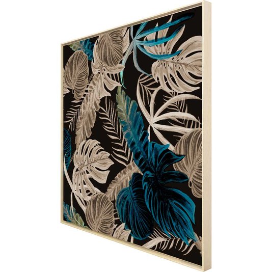Quadro Tela Canvas Floral com Moldura Natural Detalhes Azuis - Escolha o Tamanho