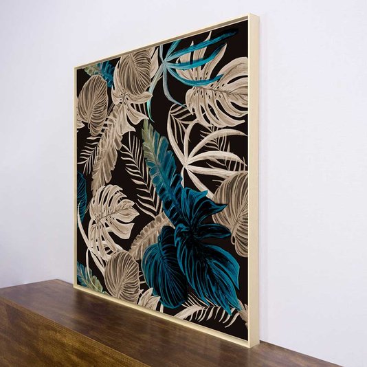 Quadro Tela Canvas Floral com Moldura Natural Detalhes Azuis - Escolha o Tamanho