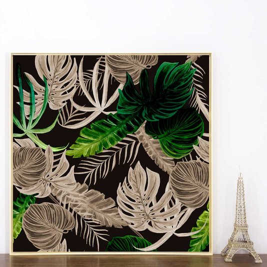 Quadro Tela Canvas Floral com Moldura Natural Detalhes Verdes - Escolha o Tamanho