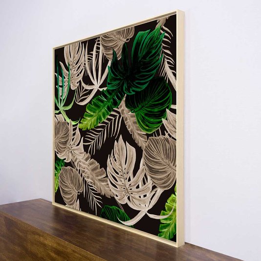 Quadro Tela Canvas Floral com Moldura Natural Detalhes Verdes - Escolha o Tamanho