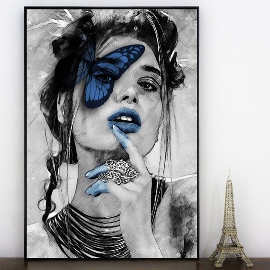 Quadro Tela Canvas Mulher Arte Ilustração Borboleta Azul 90x120 cm