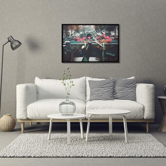 Quadro Tela Decorativa com Moldura Bicicleta e Flores Vintage 65x45cm