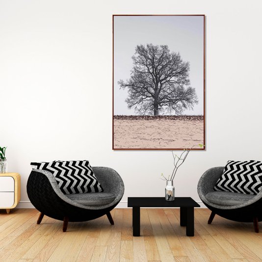 Quadro Tela Decorativa com Moldura Marrom Árvore Paisagem 100x150cm