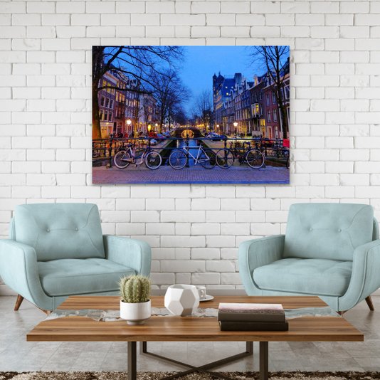Quadro Tela Decorativa Impressa Canal em Amsterdam ao Entardecer 100x70cm