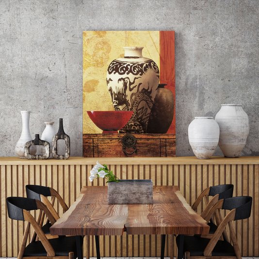 Quadro em Tela Vasos Branco e Marrom Tigela Vermelha 60x90cm