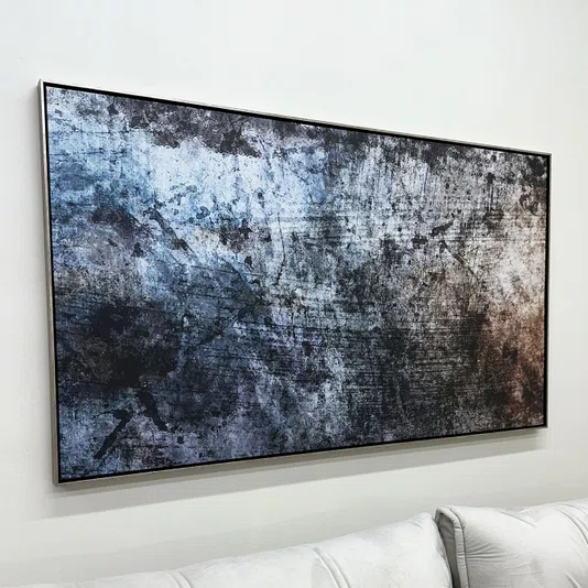 QuadroTela Canvas Abstrato Efeito Metal Industrial Moldura Prata Envelhecida 160x90 cm