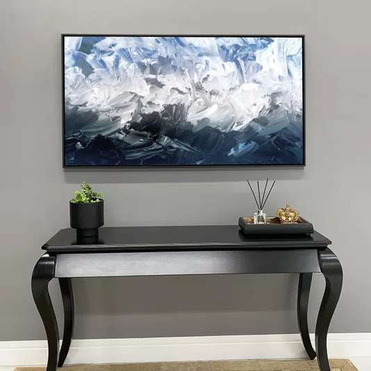 Tela Canvas Abstrata Azul e Cinza com Moldura Preta Arte Moderna Decorativa