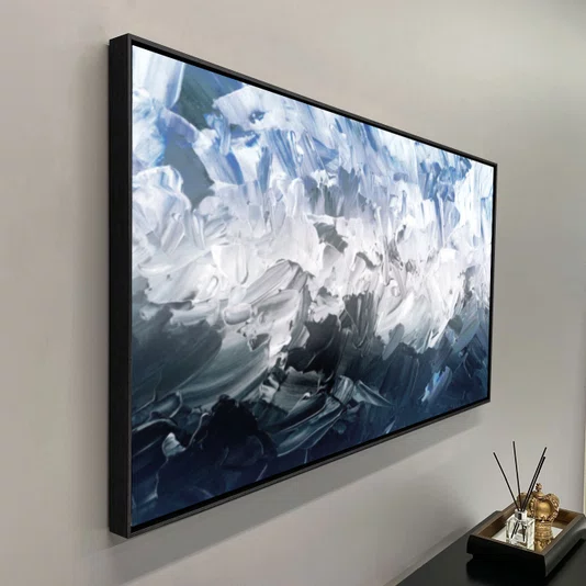 Tela Canvas Abstrata Azul e Cinza com Moldura Preta Arte Moderna Decorativa