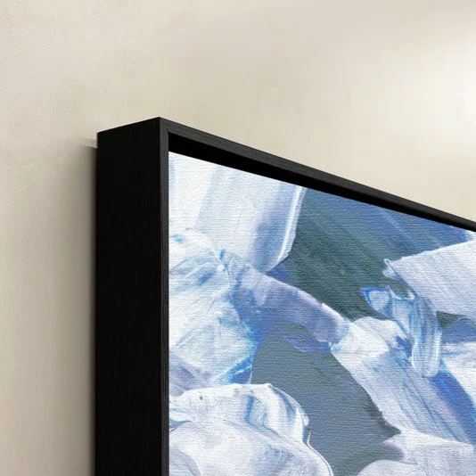 Tela Canvas Abstrata Azul e Cinza com Moldura Preta Arte Moderna Decorativa