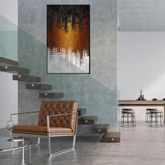 Tela Canvas Abstrata com Moldura Preta Brilho Dourado 80x130 cm