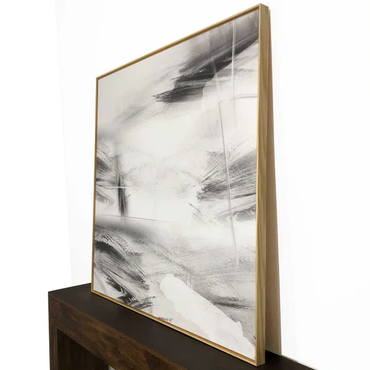 Tela Canvas Abstrata Moderna em Preto e Branco com Moldura Natural 120x120 cm