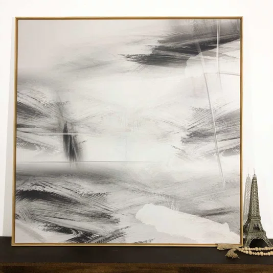 Tela Canvas Abstrata Moderna em Preto e Branco com Moldura Natural 120x120 cm