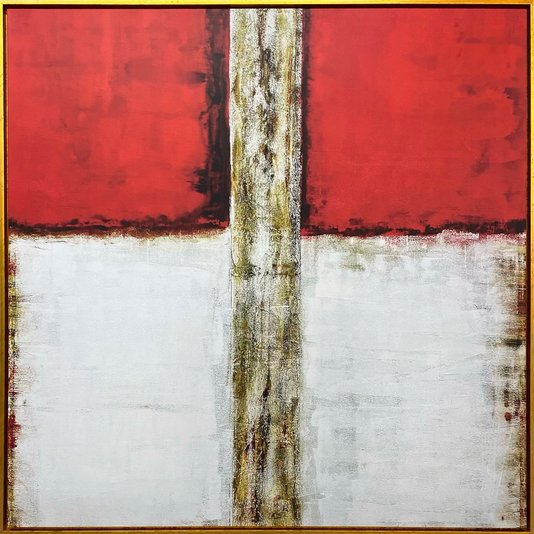 Tela Canvas Abstrata Moldura Flutuante Dourada: Arte Vibrante em Vermelho e Dourado 150x150 cm