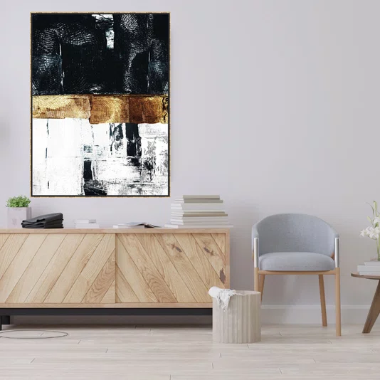 Tela Canvas Arte Abstrata Moderna com Moldura Flutuante Dourada 90x120 cm