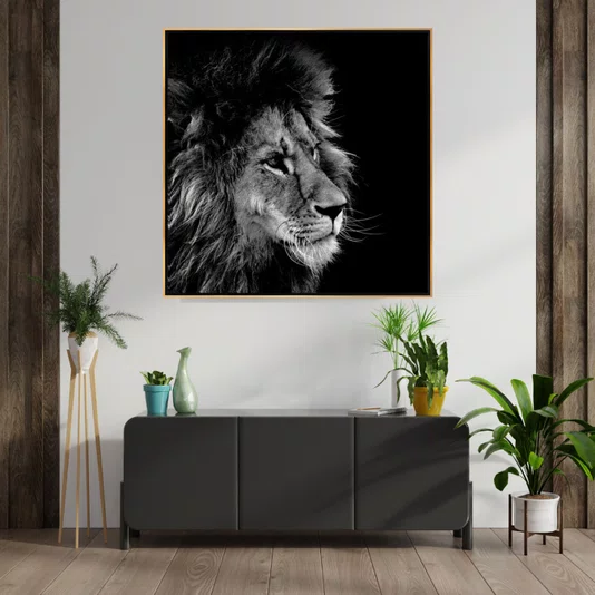 Tela Canvas Arte Leão em Preto e Branco 120x120 cm