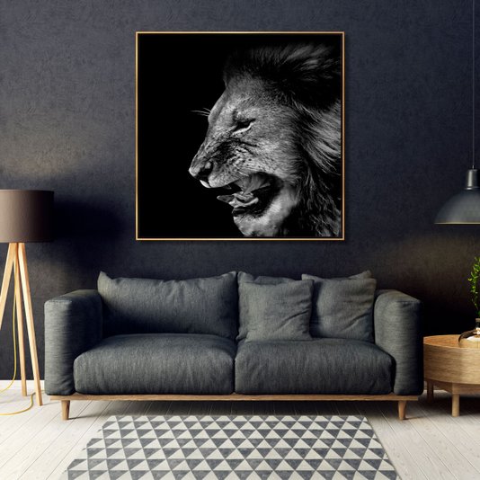 Tela Canvas Arte Leão Rugindo Preto e Branco 120x120 cm