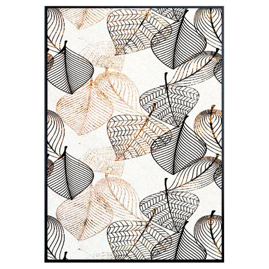 Tela Canvas Arte Moderna com Moldura Preta Ilustração de Folhas em Linhas 90x120 cm