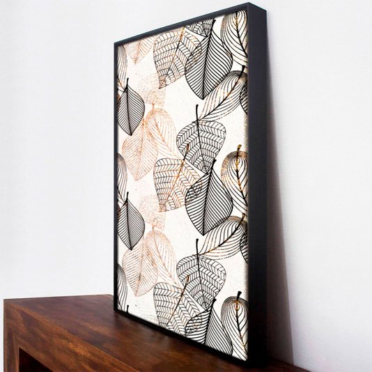 Tela Canvas Arte Moderna com Moldura Preta Ilustração de Folhas em Linhas 90x120 cm