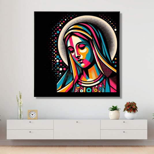 Tela Canvas Colorida com Moldura Preta Arte Moderna Virgem Maria