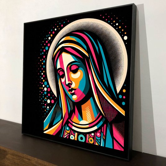 Tela Canvas Colorida com Moldura Preta Arte Moderna Virgem Maria