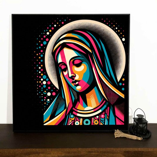 Tela Canvas Colorida com Moldura Preta Arte Moderna Virgem Maria